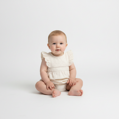 Makemake Organics Organic Eyelet Flutter Romper - Ivory Eyelet
