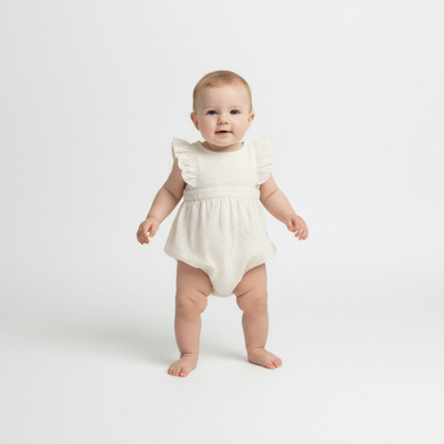 Makemake Organics Organic Eyelet Flutter Romper - Ivory Eyelet
