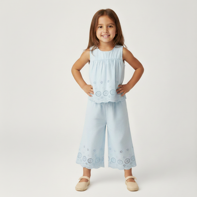 Makemake Organics Organic Eyelet Top And Pant Set - Light Blue Eyelet