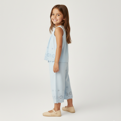 Makemake Organics Organic Eyelet Top And Pant Set - Light Blue Eyelet