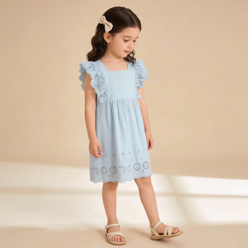 Makemake Organics Organic Eyelet Flutter Dress - Light Blue Eyelet