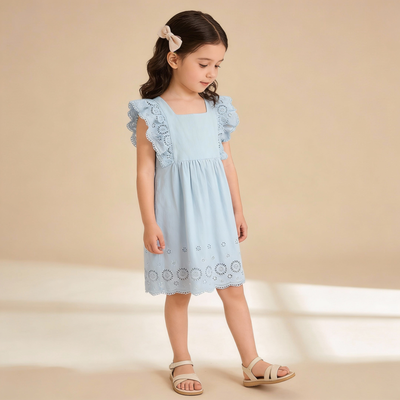 Makemake Organics Organic Eyelet Flutter Dress - Light Blue Eyelet