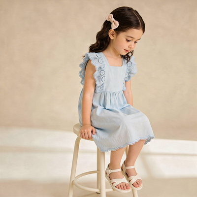 Makemake Organics Organic Eyelet Flutter Dress - Light Blue Eyelet