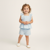 Makemake Organics Organic Eyelet Flutter Top And Shorts Set - Light Blue Eyelet