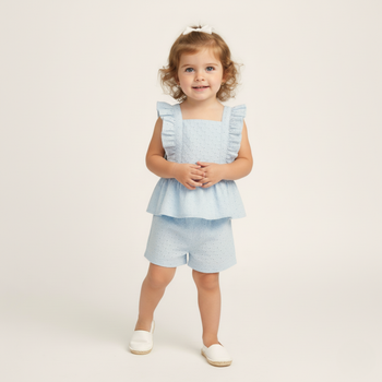 Makemake Organics Organic Eyelet Flutter Top And Shorts Set - Light Blue Eyelet