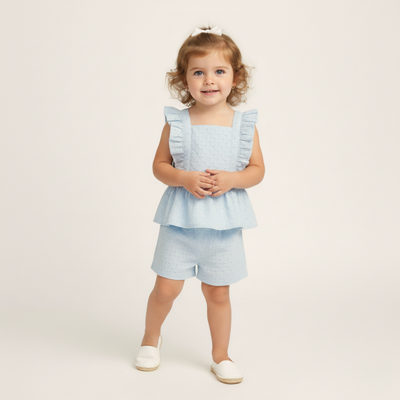 Makemake Organics Organic Eyelet Flutter Top And Shorts Set - Light Blue Eyelet