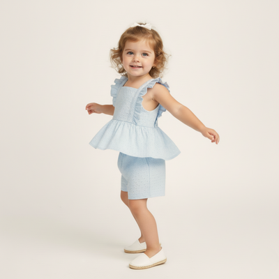 Makemake Organics Organic Eyelet Flutter Top And Shorts Set - Light Blue Eyelet