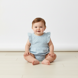 Makemake Organics Organic Eyelet Flutter Romper - Light Blue Eyelet