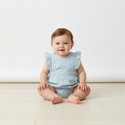 Makemake Organics Organic Eyelet Flutter Romper - Light Blue Eyelet