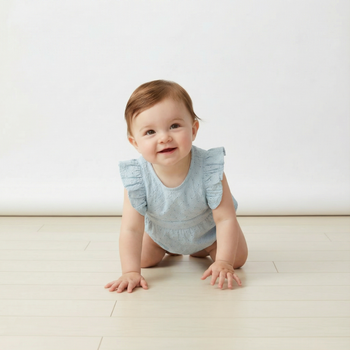 Makemake Organics Organic Eyelet Flutter Romper - Light Blue Eyelet