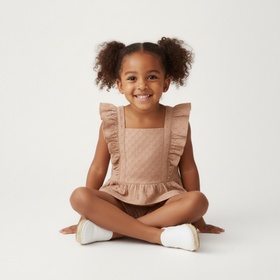 Makemake Organics Organic Eyelet Flutter Top And Shorts Set - Clay Eyelet
