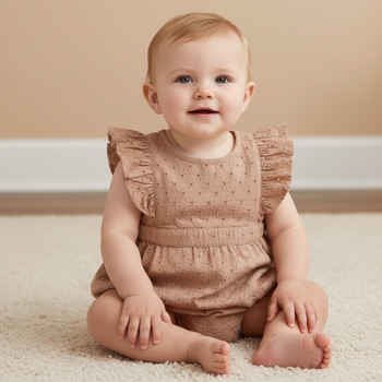 Makemake Organics Organic Eyelet Flutter Romper - Clay Eyelet
