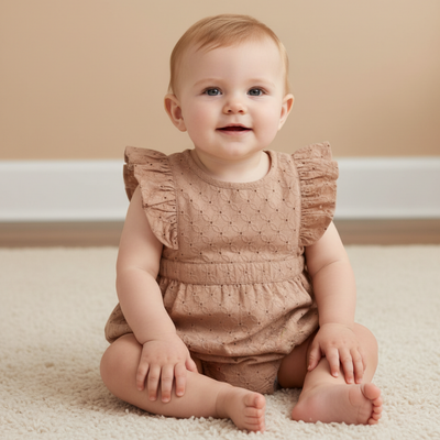 Makemake Organics Organic Eyelet Flutter Romper - Clay Eyelet