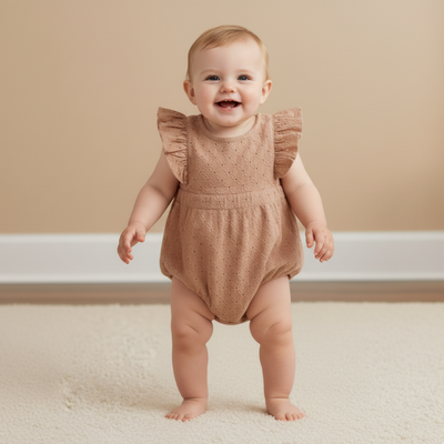 Makemake Organics Organic Eyelet Flutter Romper - Clay Eyelet