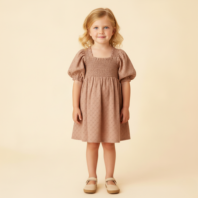 Makemake Organics Organic Eyelet Bubble Sleeve Dress - Clay Eyelet