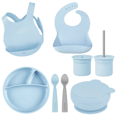 MinikOiOi Silicone Baby Feeding Set – Eco-Friendly Suction Plate, Bowl, Bibs & Cup (6+ Months)
