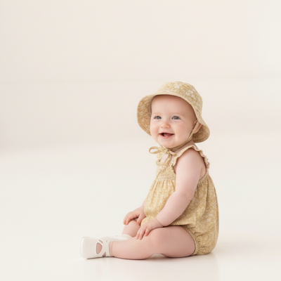 Makemake Organics Organic Ruffle Sleeve Bubble Romper - Yellow Blossom