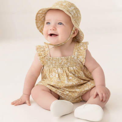 Makemake Organics Organic Ruffle Sleeve Bubble Romper - Yellow Blossom