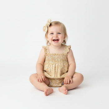 Makemake Organics Organic Ruffle Sleeve Bubble Romper - Yellow Blossom