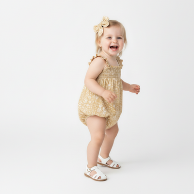 Makemake Organics Organic Ruffle Sleeve Bubble Romper - Yellow Blossom