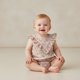 Makemake Organics Organic Sleeveless Ruffle Bubble Romper - Pastel Bloom