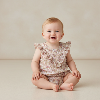 Makemake Organics Organic Sleeveless Ruffle Bubble Romper - Pastel Bloom