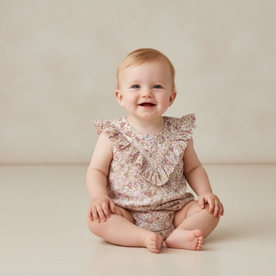 Makemake Organics Organic Sleeveless Ruffle Bubble Romper - Pastel Bloom