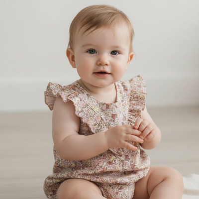 Makemake Organics Organic Sleeveless Ruffle Bubble Romper - Pastel Bloom