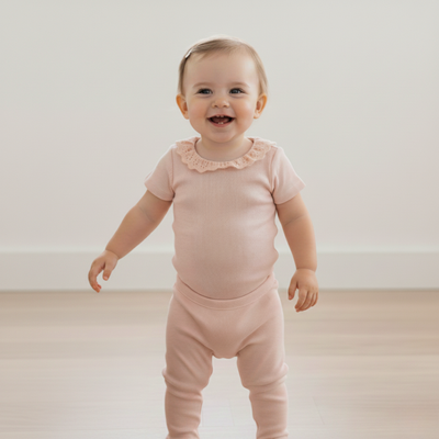 Makemake Organics Organic Lace Collar Onesie & Tights Set - Blush