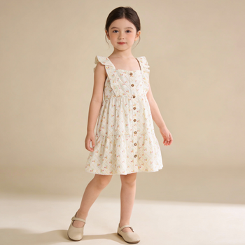 Makemake Organics Organic Flutter Buttoned Tiered Dress - Spring Weave