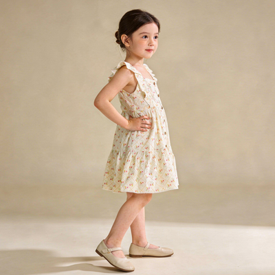 Makemake Organics Organic Flutter Buttoned Tiered Dress - Spring Weave