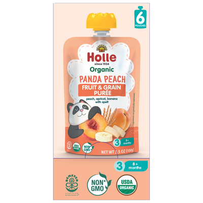 Holle Baby Food Pouches - Organic Fruit & Grain Puree -  Panda Peach