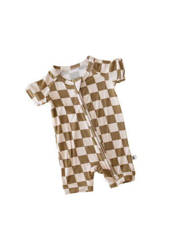 Shortie Bamboo Zip | Olive Checkerboard