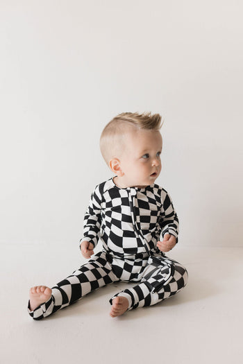 Bamboo Zip Pajamas | Black & White Wavy Checkerboard