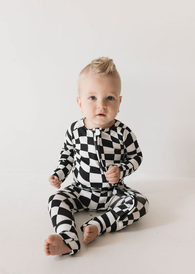 Bamboo Zip Pajamas | Black & White Wavy Checkerboard