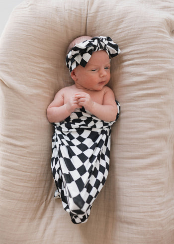 Bamboo Head Wrap | Black & White Wavy Checkerboard