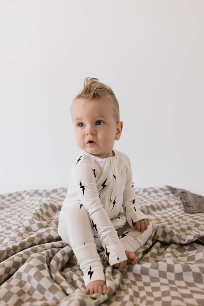 Bamboo Zip Pajamas | White & Black Lightning Bolt