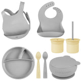MinikOiOi Silicone Baby Feeding Set – Eco-Friendly Suction Plate, Bowl, Bibs & Cup (6+ Months)