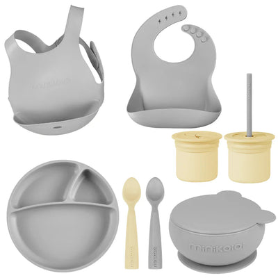 MinikOiOi Silicone Baby Feeding Set – Eco-Friendly Suction Plate, Bowl, Bibs & Cup (6+ Months)