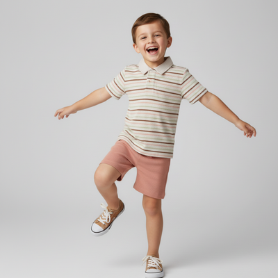 Makemake Organics Organic Collar Tee & Shorts Set - Terra Stripes