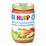Hipp baby food jar with colorful label on a white background