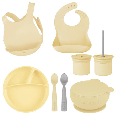 MinikOiOi Silicone Baby Feeding Set – Eco-Friendly Suction Plate, Bowl, Bibs & Cup (6+ Months)