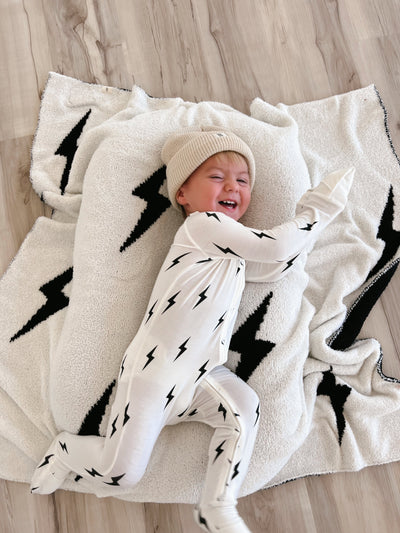 Bamboo Zip Pajamas | White & Black Lightning Bolt