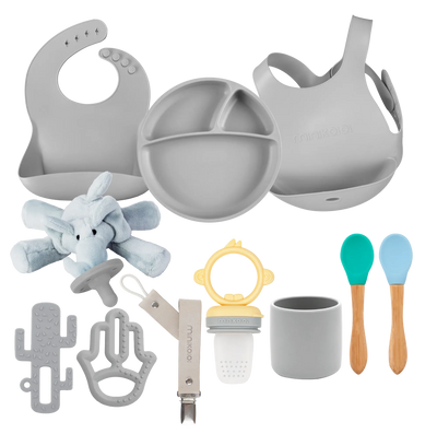 MinikOiOi Powder Grey Feeding & Comfort Silicone Set (Bib, Plate, Teether & Pacifier)