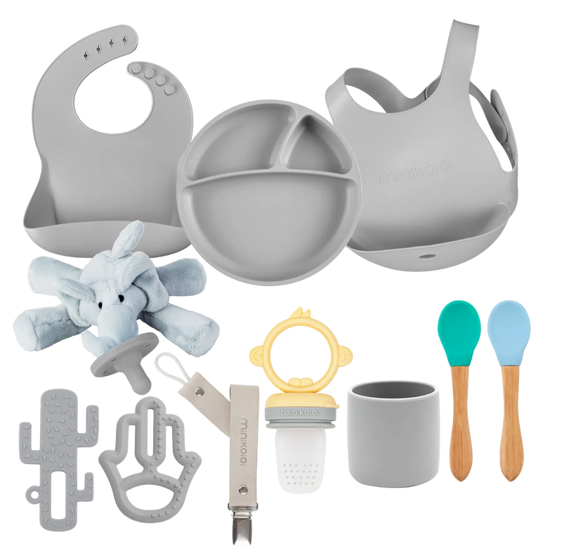 MinikOiOi Powder Grey Feeding & Comfort Silicone Set (Bib, Plate, Teether & Pacifier)