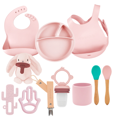 MinikOiOi Powder Grey Feeding & Comfort Silicone Set (Bib, Plate, Teether & Pacifier)