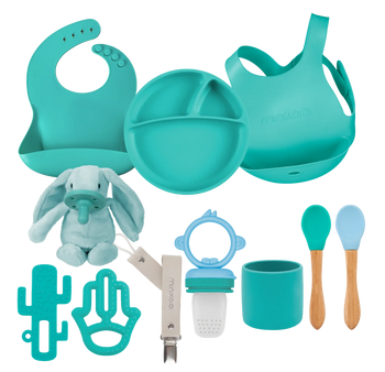 MinikOiOi Powder Grey Feeding & Comfort Silicone Set (Bib, Plate, Teether & Pacifier)