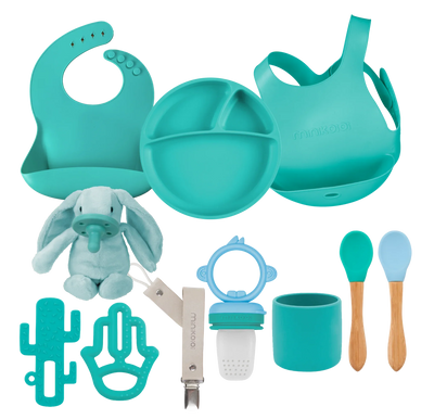 MinikOiOi Powder Grey Feeding & Comfort Silicone Set (Bib, Plate, Teether & Pacifier)