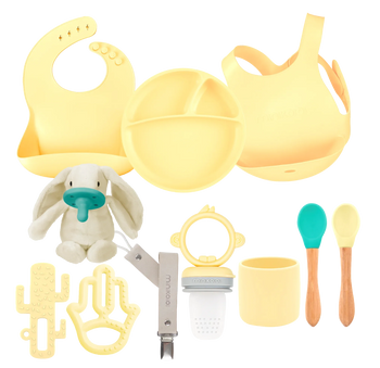 MinikOiOi Powder Grey Feeding & Comfort Silicone Set (Bib, Plate, Teether & Pacifier)