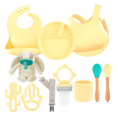 MinikOiOi Powder Grey Feeding & Comfort Silicone Set (Bib, Plate, Teether & Pacifier)
